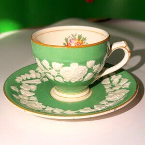Antique George Jones Sons Rhapsody Green Demitasse Cup Saucer Embossed Floral
